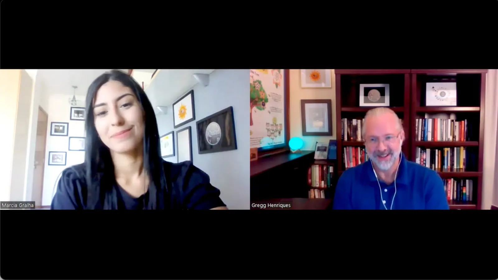 Dr. Gregg Henriques and Marcia Gralha on the video call where they described the work